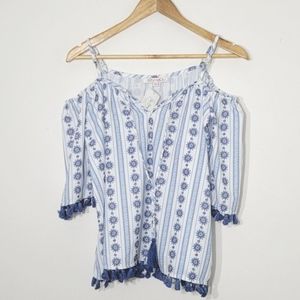 Joy Joy NEW Boho White Blue Flower Off the Shoulders Tassel Hippy Adjustable Top